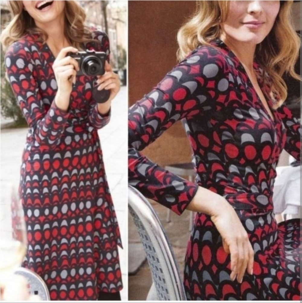 Boden Elodie Jersey Wrap Gray/Red Geometric Pattern Dress, Size 6 EUC